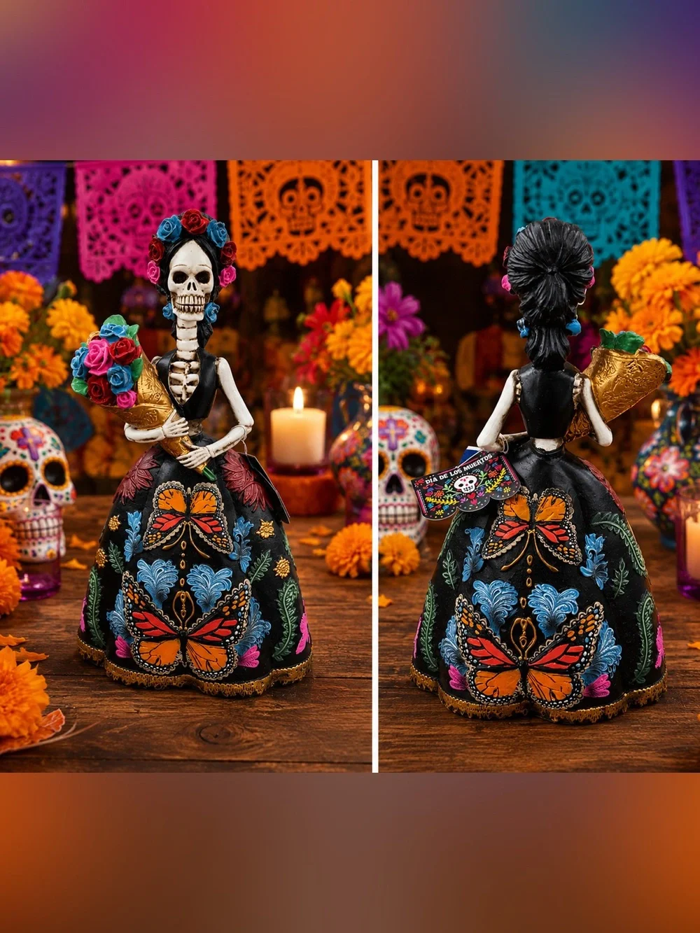 Day of the Dead Skeleton Figurine with Colorful Floral Dress - mujer mariposa